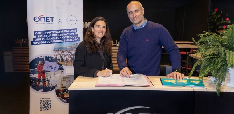 <p>Émilie de Lombarès, présidente du directoire d’Onet, et Fabrice Amedeo, skipper de l’Imoca Nexans – Art &amp;amp; Fenêtres, lors de la signature du renouvellement du partenariat le 26 février à Marseille.</p>